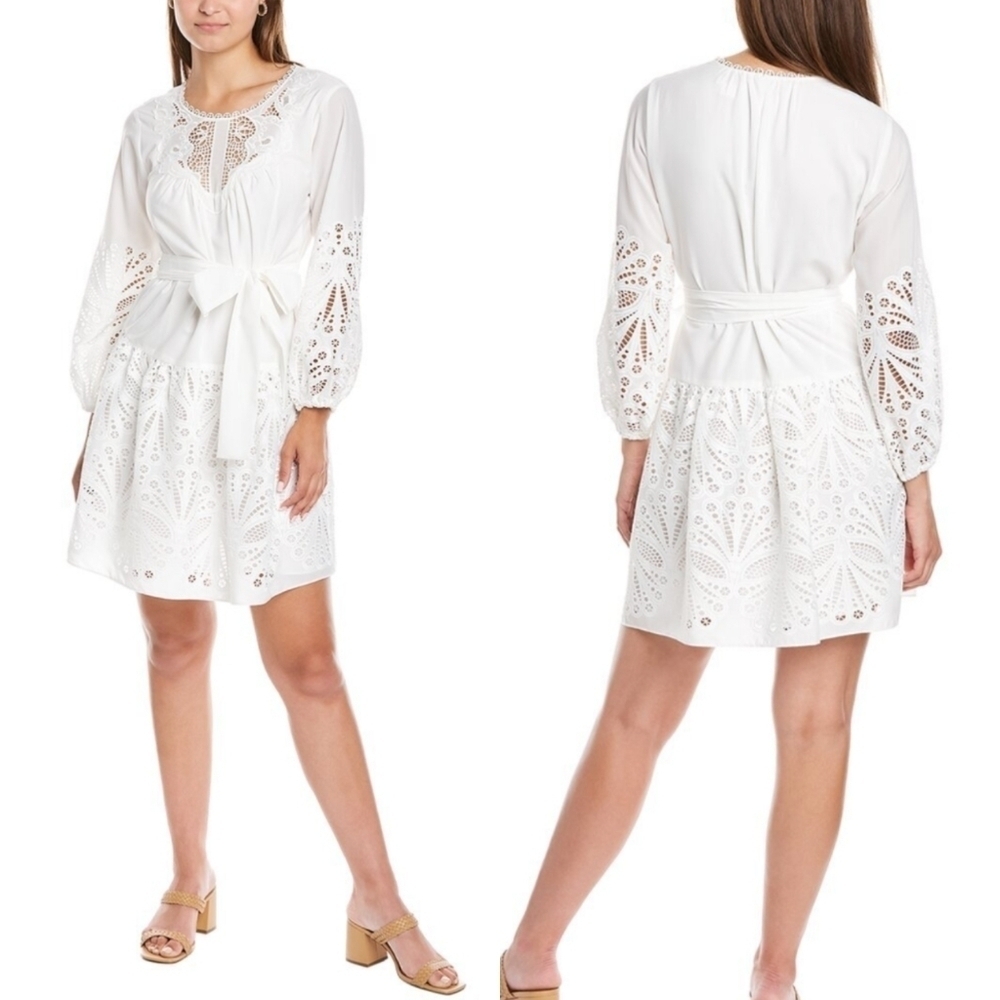 Shoshanna Ashford Round Neck Puff Sleeve Mini Dress Women's 2 White Sparkle 5